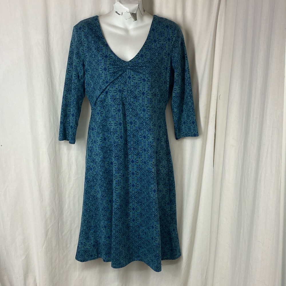 TOAD&CO M Rosalinda Dress Teal Blue Purple Print 3/4 Sleeve Horny Toad